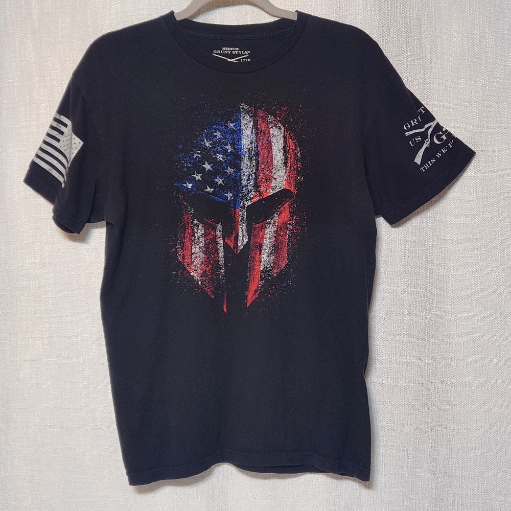 🔥 Grunt Style T-Shirt Black Spartan Logo USA Flag Men Size Medium C Measurement